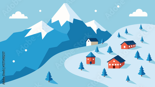 A festive Christmas winter landscape illustration featuring a snow-covered village and cozy homes nestled among frosted trees under a starry night sky