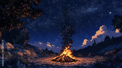 Animated Night Scene: Campfire Under a Starry Sky with Trees and Clouds