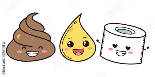 Vector art of a cute cartoon poop, urine drop, and toilet paper roll isolated on white background