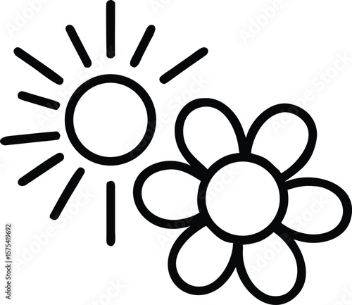 Simple Line Art Illustration of a Sun and a Flower, Perfect for Spring and Summer Designs, Websites, and Applications.
