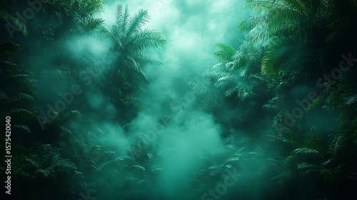 Mystical tropical rainforest scene with dense fog and emerald green foliage image