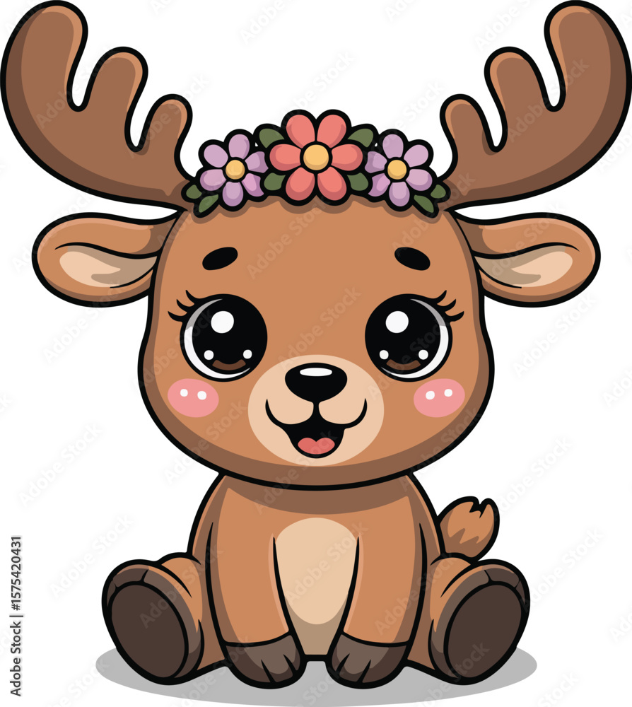 Obraz premium Cute Cartoon Deer with Flower Crown