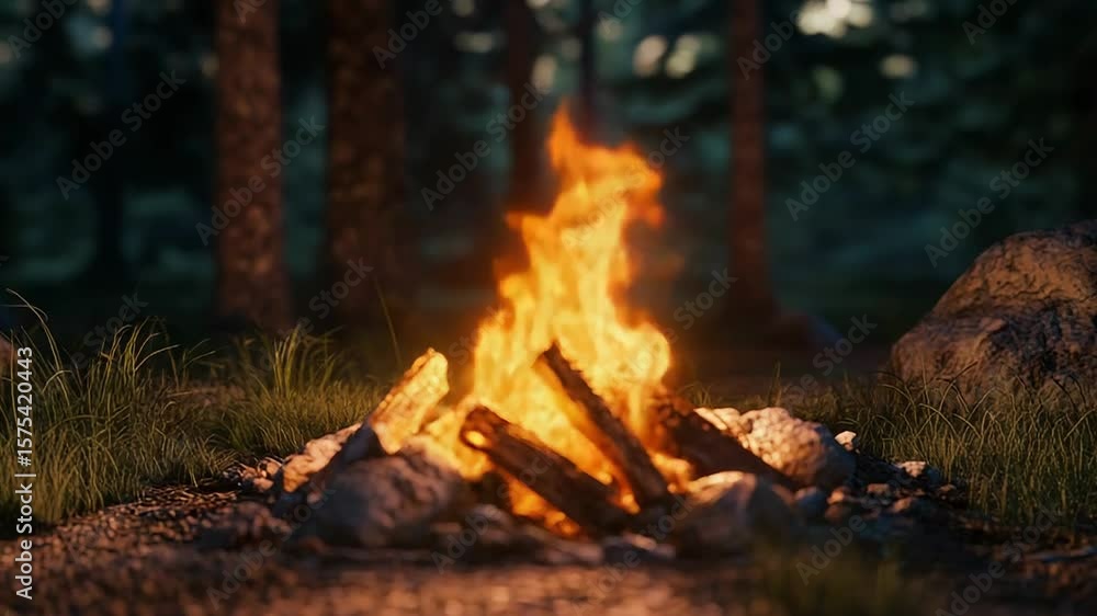 Burning campfire illuminating dark forest at night Burning campfire illuminating dark forest at night