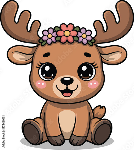 Cute Cartoon Deer with Flower Crown