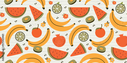 Seamless pattern with summer fruits. banana, lemon, watermelon, avoado, flat children's background with dessert, food. graphics for print, holidays, wallpaper, banners, surface texture, fabric. vector