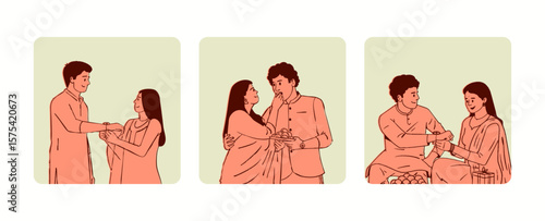 Tablou pe pânză Brother and sister, Sibling hand-drawn vector illustration set for Raksha Bandhan festival