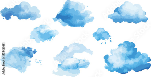 Watercolor Blue Clouds on White Background Seamless Pattern Sky Illustration
