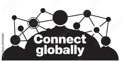 Black and white illustration of network connecting people with connect globally text overlay