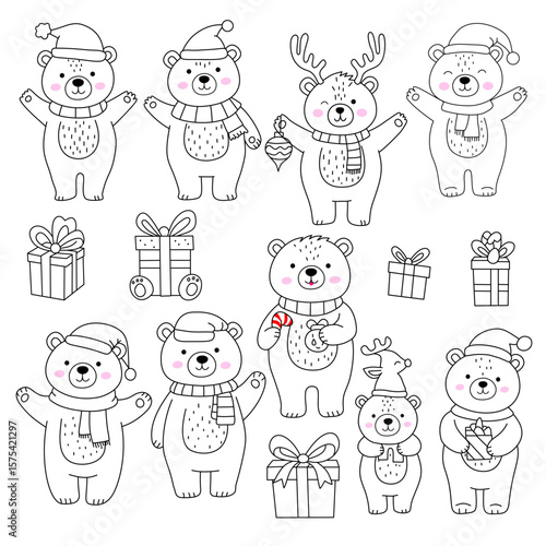 Christmas Bear Clipart Bundle – Cute Black and White Hand-Drawn Bears with Gifts, Winter Holiday Digital Illustrations