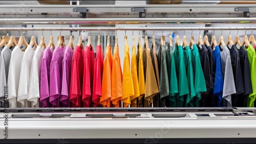 T-shirts on hangers, each in different colors, arranged neatly at the front view of an industrial textile printing machine.