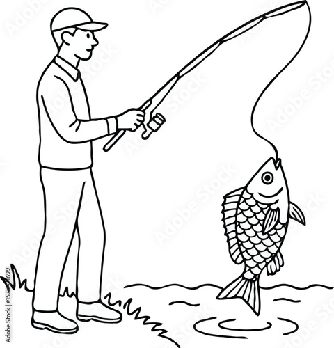 Angler's Catch: An illustration depicts a person enthusiastically fishing, casting a line into the water, and reeling in a freshly caught fish with anticipation.