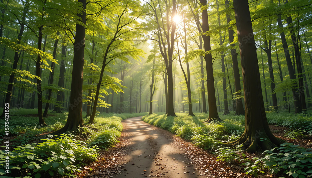 Obraz premium A high-resolution photo of a clean walking trail in a green forest, sunlight filtering through the trees, leaves on the ground, peaceful and natural – DSLR-quality 