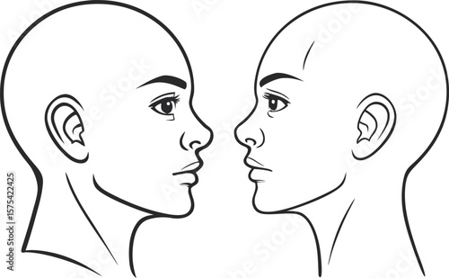 Vector art of two female faces in profile facing each other, a black and white illustration