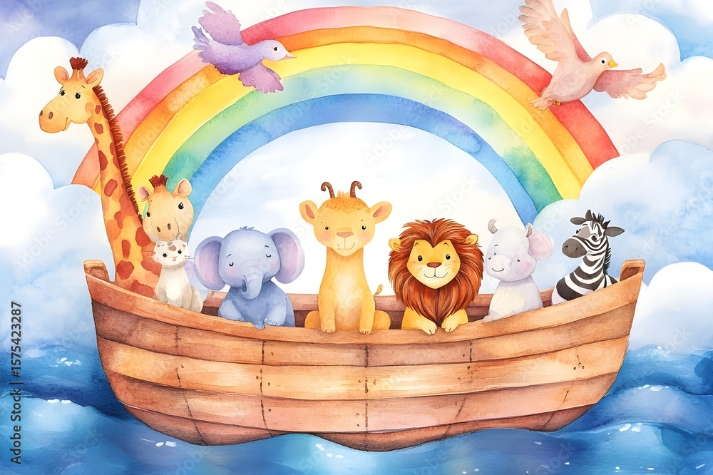 Obraz premium Watercolor painting of noah's ark with lion, giraffe, elephant, zebra, dove, goat and cat, with rainbow behind the boat, clouds and sunlight in the sky, blue water