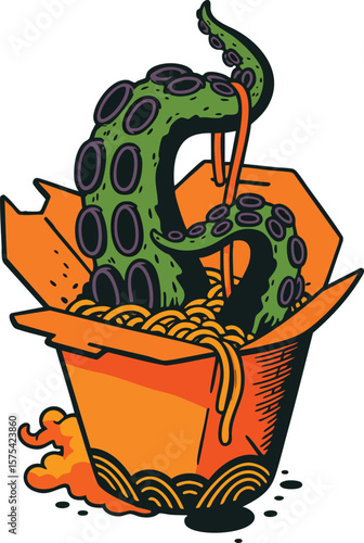 Tentacles Emerging from Chinese Takeout Box Vector