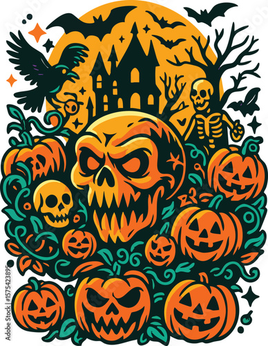Halloween Pumpkin Skull Graveyard Vector Collage