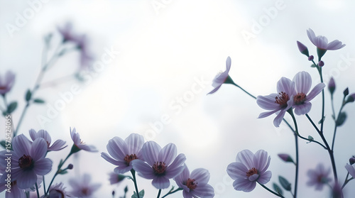 Delicate Purple Flowers Blooming on Soft Blurry Sky Background