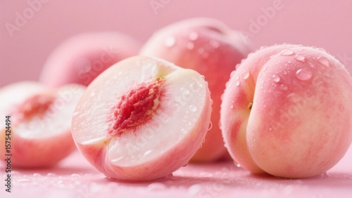 Pink peaches, dotted with water droplets, a combination of whole and cut fruits, presenting a fresh and attractive visual effect.