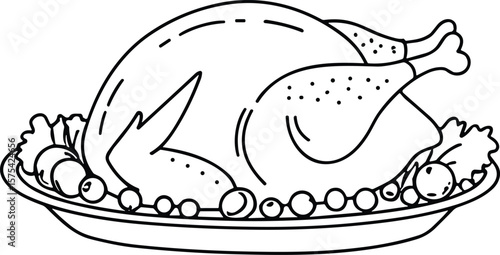 Roast Chicken on Plate Line Art Vector with Garnish