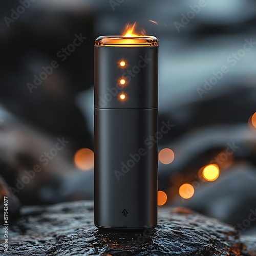 Modern designed black electronic gadget emitting flames and illuminated lights for aesthetic photography