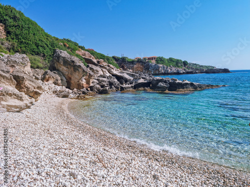Turqouise waters at Porto Skala Beac - the best beach for snorkeling in Southern Kefalonia near Poros and Skala, Kefalonia island, Greece