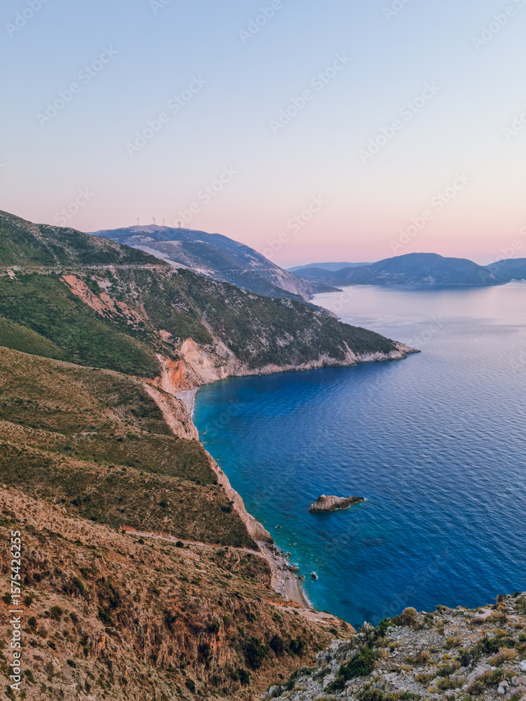Obraz premium Panorama over Gulf of Myrto(Kolpos Mirtou) at sunset, the best panoramic view in Kefalonia, Kefalonia island, Greece