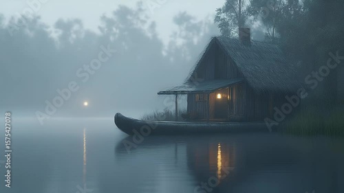 Moody scene of a rustic cabin on a still lake at dusk, light glowing