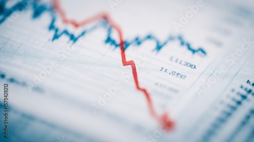 Close-up of financial chart with downward trending line symbolizing Federal Reserve rate cuts, economic recession concept, stock market volatility and investment risk analysis.
