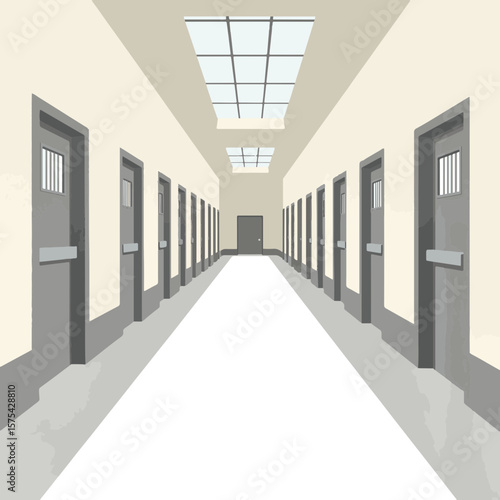 Long prison corridor with metal doors, architectural simplicity