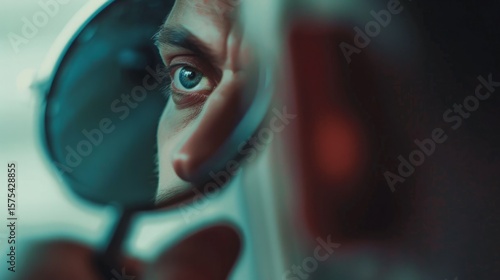 Young man looking at his reflection in mirror with thoughtful expression, self reflection and personal growth concept, narcissism or self love idea, psychological and emotional development