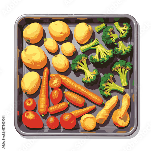 Colorful roasted vegetables on baking sheet, healthy cooking