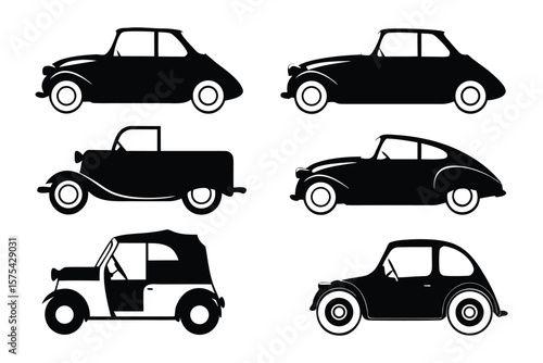 Timeless Classics: Vector silhouettes of vintage automobiles, each a symbol of a bygone era. These iconic cars evoke feelings of nostalgia, style and a romantic past.