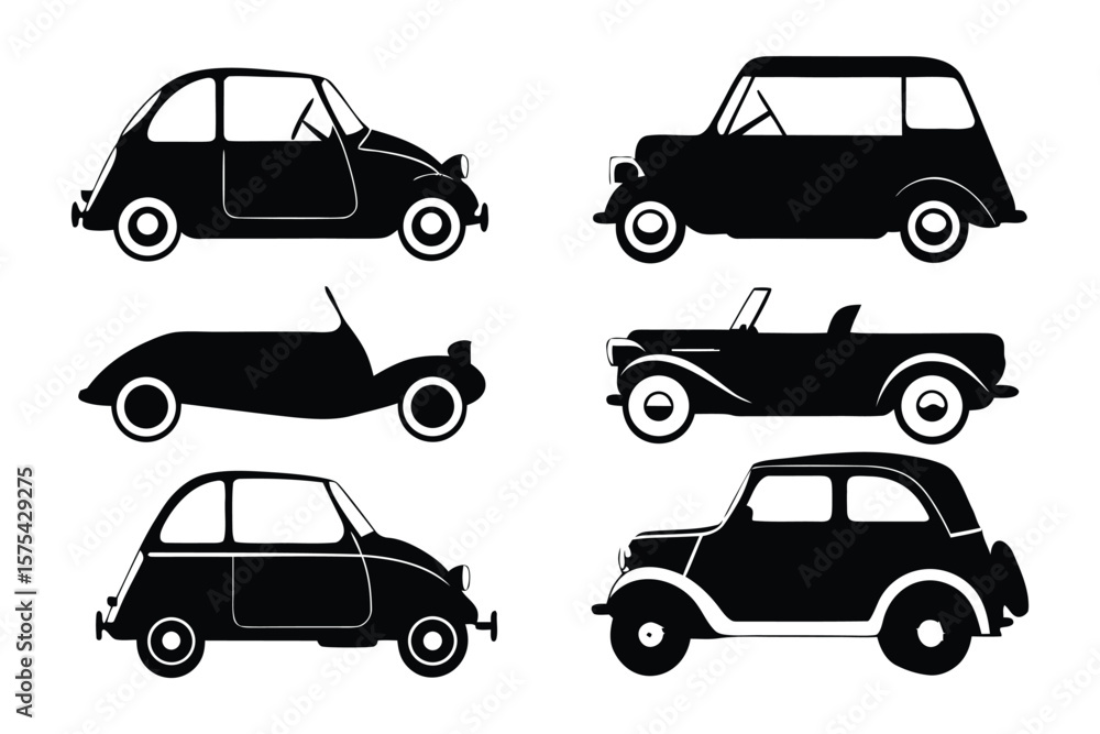 Naklejka premium Classic Car Silhouettes: Collection of vintage car silhouette designs, showcasing classic automotive elegance.