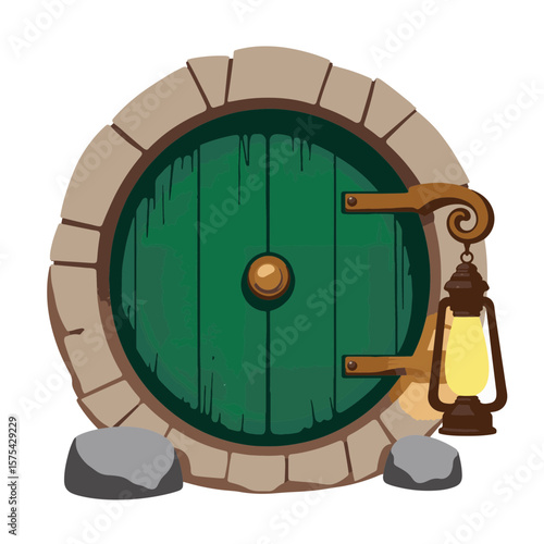 Green hobbit door with vintage lantern, enchanting design concept