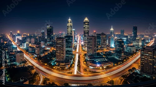 New York City's vibrant night skyline with urban traffic, illuminated skyscrapers, and a breathtaking view