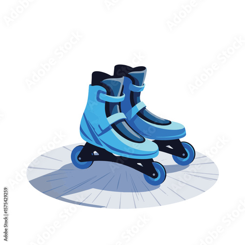 Sleek blue rollerblades on white sidewalk, sport and fitness