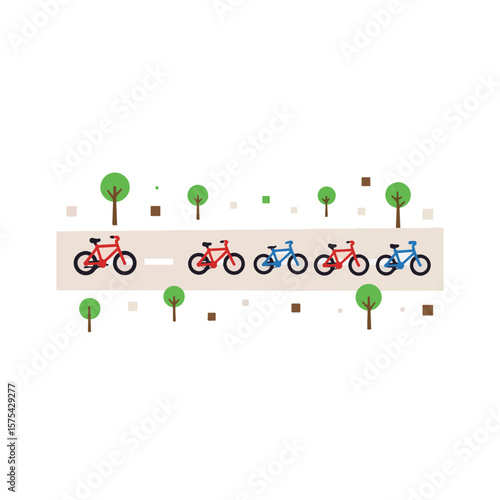 Colorful bicycles lined up on bike lane, urban cycling concept
