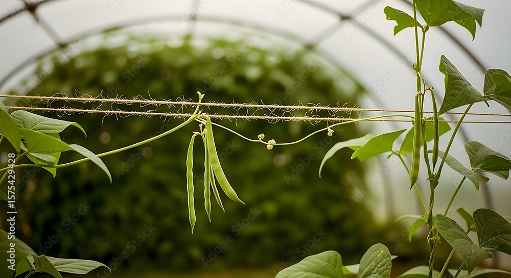 Fototapeta premium Growing Green Beans on Vines in a Greenhouse