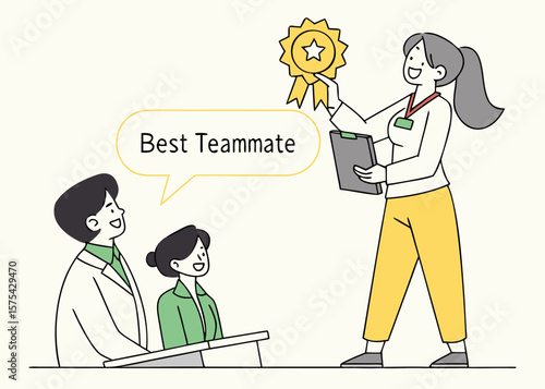 Woman awards a gold medal for best teammate to a man and woman isolated on white background