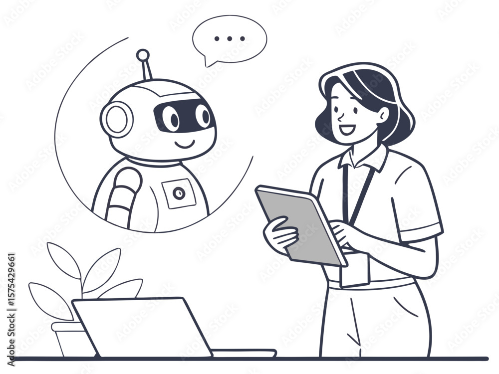 Fototapeta premium Woman interacting with a friendly robot via tablet and laptop isolated on white background