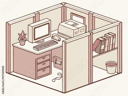 Isometric office cubicle with computer and desk isolated on white background