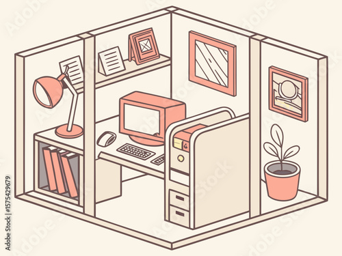 Isometric illustration of a cozy office cubicle with a computer and desk items isolated on white background