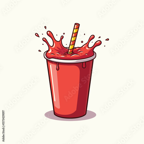 Vector illustration of a vibrant red drink splashing, with a straw, perfect for refreshing beverage concepts.