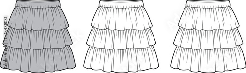 CAD drawing flat vector illustration of three tiered skirts fashion design template, technical sketch for apparel and garment production