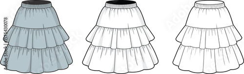 CAD drawing flat vector illustration of tiered ruffle skirts fashion design template, technical sketch, layered skirt pattern, apparel

✅ Keywords line: