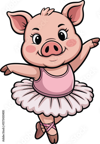 Adorable Cartoon Pig Illustration Ballet Tutu Dancing Pose
