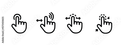 Hand gestures showcase touch screen interactions, including tap, swipe, and zoom, displayed as vector icons for user interface design, silhouette