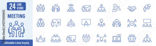 Meeting web icons in line style. Contains icons as meeting, seminar, conference, assembly, presentation, discussion, team and more. Vector illustration.
