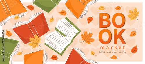 Banner for bookstore, library, sale in bookshop. Book market. Books with autumn bright leaves. Vector illustration for poster, cover, marketing.
