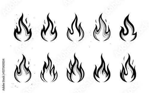 Ten sketched fire flames create a dynamic arrangement on a clean white backdrop, great for digital design, silhouette
